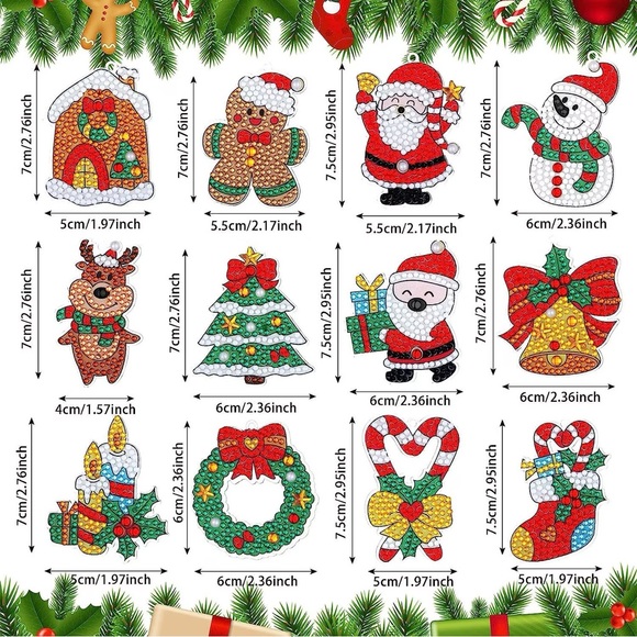 12 DIY Christmas Ornaments, Diamond Painting Kit, Includes Tools & Rhinestones - Picture 3 of 7